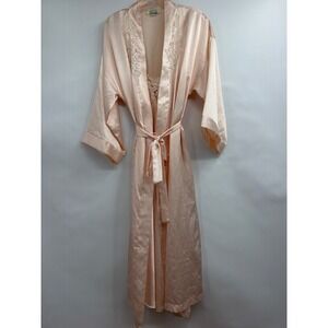 Dentelle Vintage Peach Satin Robe and Nightgown Set Lace Trim Corset Back Large